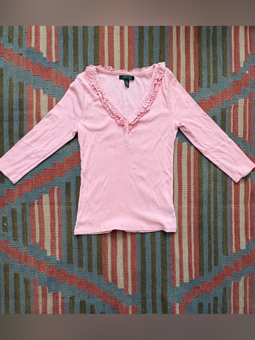 EUC Lauren Ralph Lauren Light Pink Ruffle V-Neck Top sz Medium